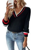 Black Contrast Striped Trim V Neck Drop Shoulder Sweater Sweaters f0932ab2fe0496aa