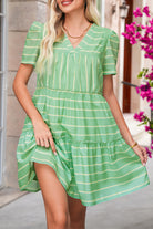 Green Striped V Neck Frill Tiered Mini Dress Short Dresses f0a12bde214d8740