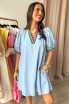 Myosotis Striped Pop of Color V Neck Puff Sleeve Mini Dress Short Dresses f0b93a66ace55f22