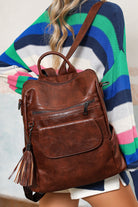 Dark Brown Tassel Decor Retro PU Large Capacity Backpack Backpacks f0bcfdfe838d0f99