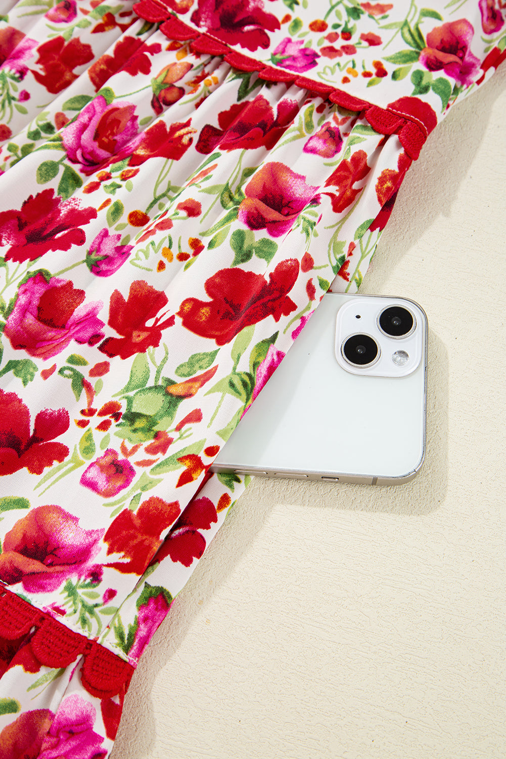 Red Floral Puff Sleeve Tiered Ric Rac Pocketed Mini Dress Short Dresses f0bfd2334976a659