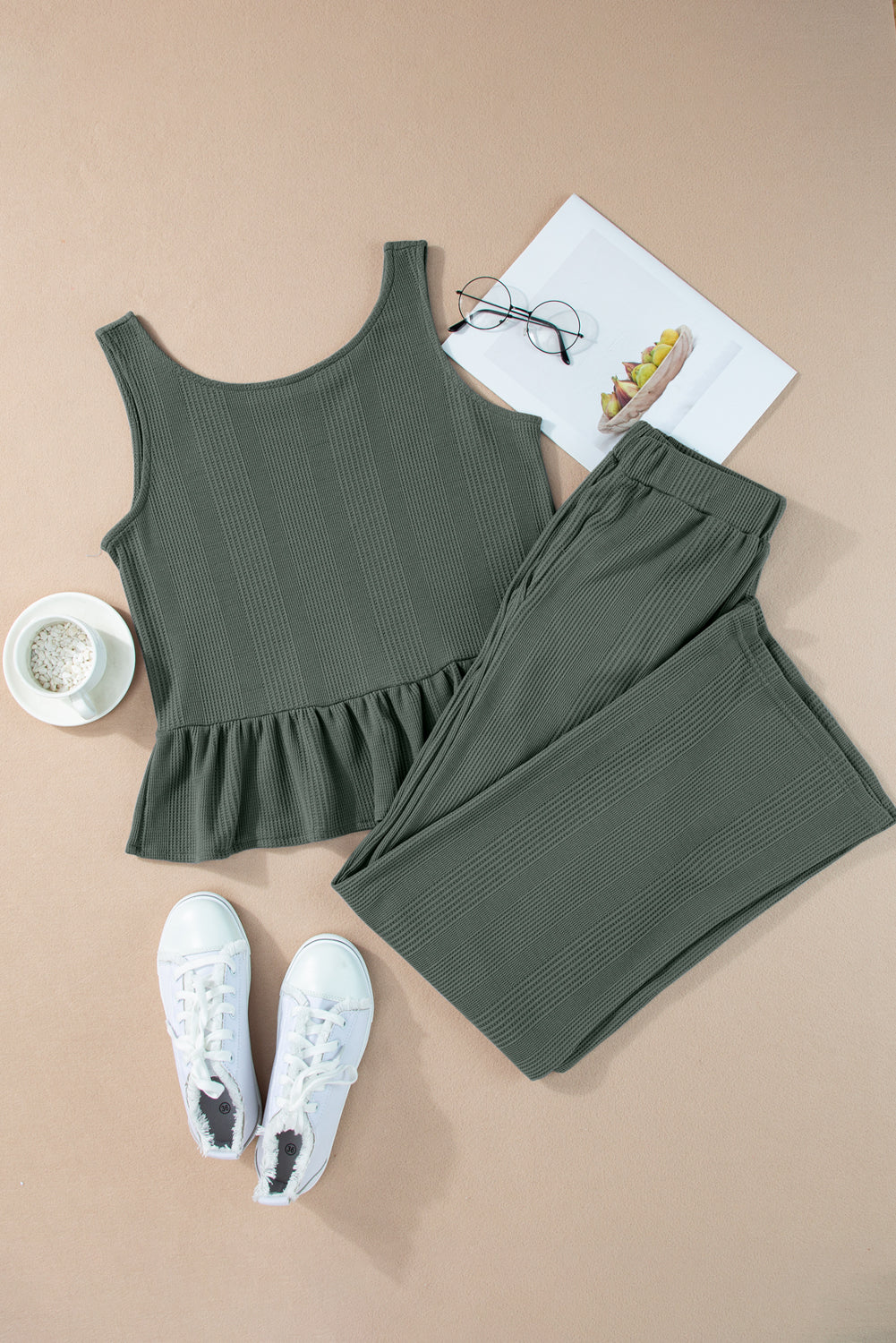 Duffel Green Solid Color Ribbed Ruffle Tank Top and Pants Set Two Piece Pants Sets f0c0e63ad64545e1