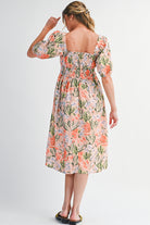 Apricot Pink Floral Knot Front Smocked Bubble Sleeve Dress Midi Dresses f0f8477dfe354bc0