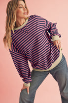 Blue Stripe Contrast Edge Cross Seam Oversized Pullover Sweatshirts & Hoodies f10af8104ea7c87b