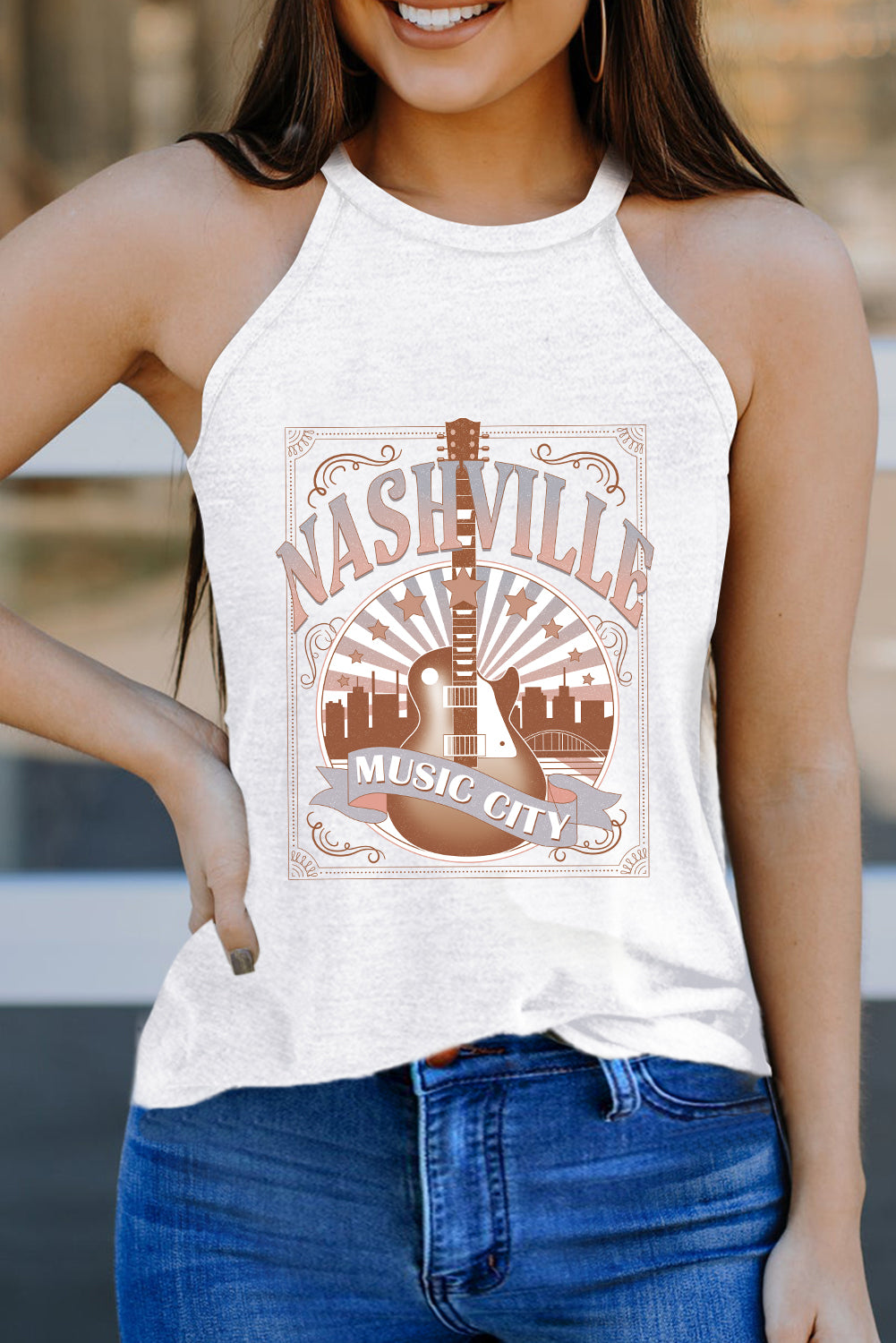 White NASHVILLE MUSIC CITY Guitar Graphic Tank Top Graphic Tees f115239135e67fbe