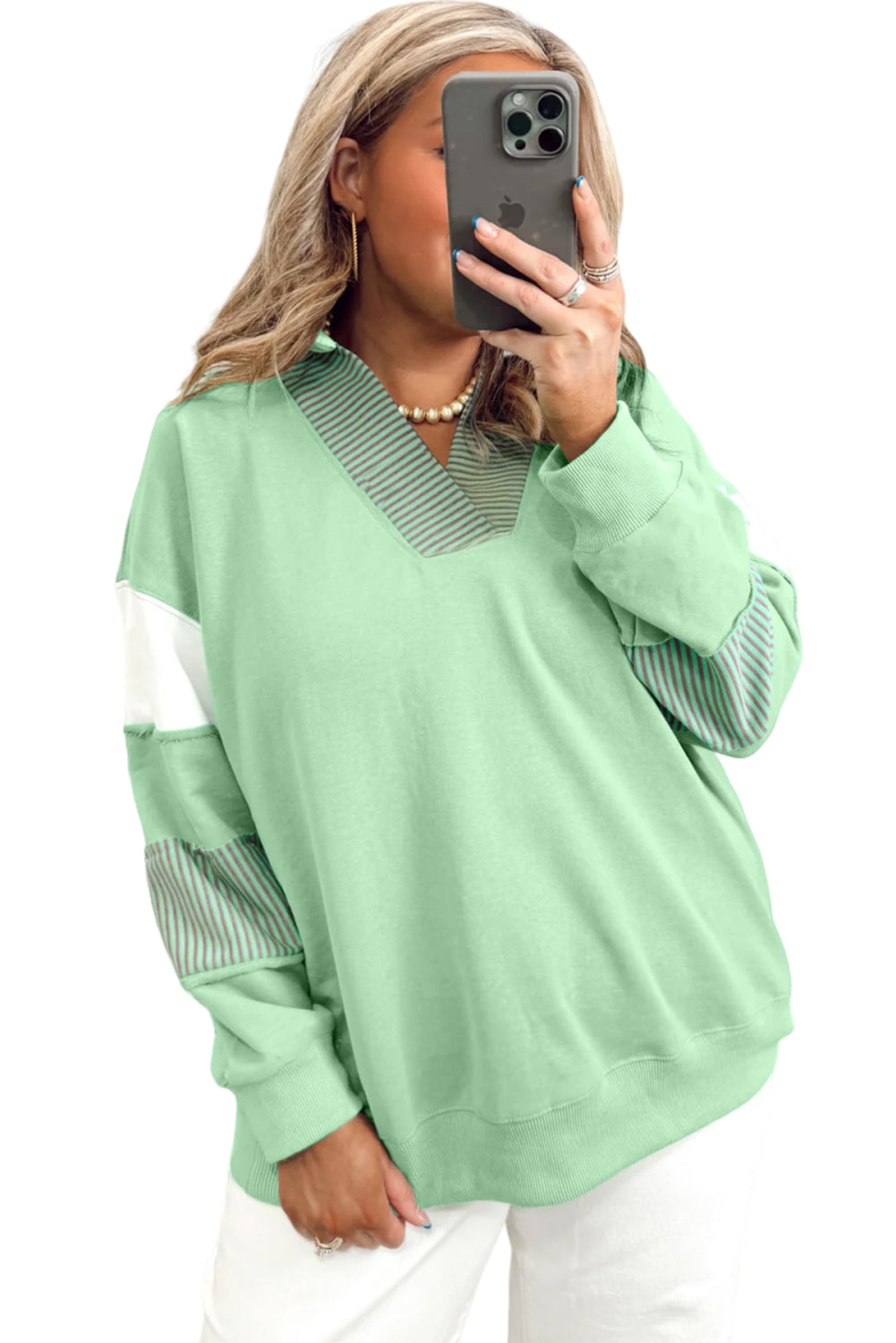 Moonlight Jade Colorblock Striped Patchwork Collar V Neck Plus Size Sweatshirt Plus Size Tops f119ba41010e51dc