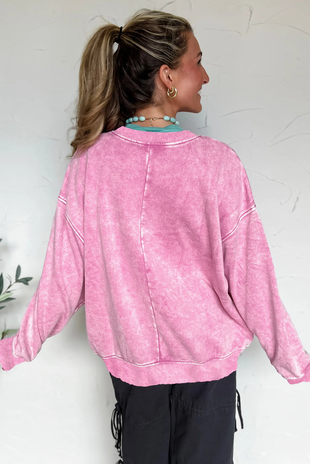 Bright Pink Mineral Wash Crossed Crew Neck Drop Shoulder Loose Sweatshirt Sweatshirts & Hoodies f147741b7cec206c