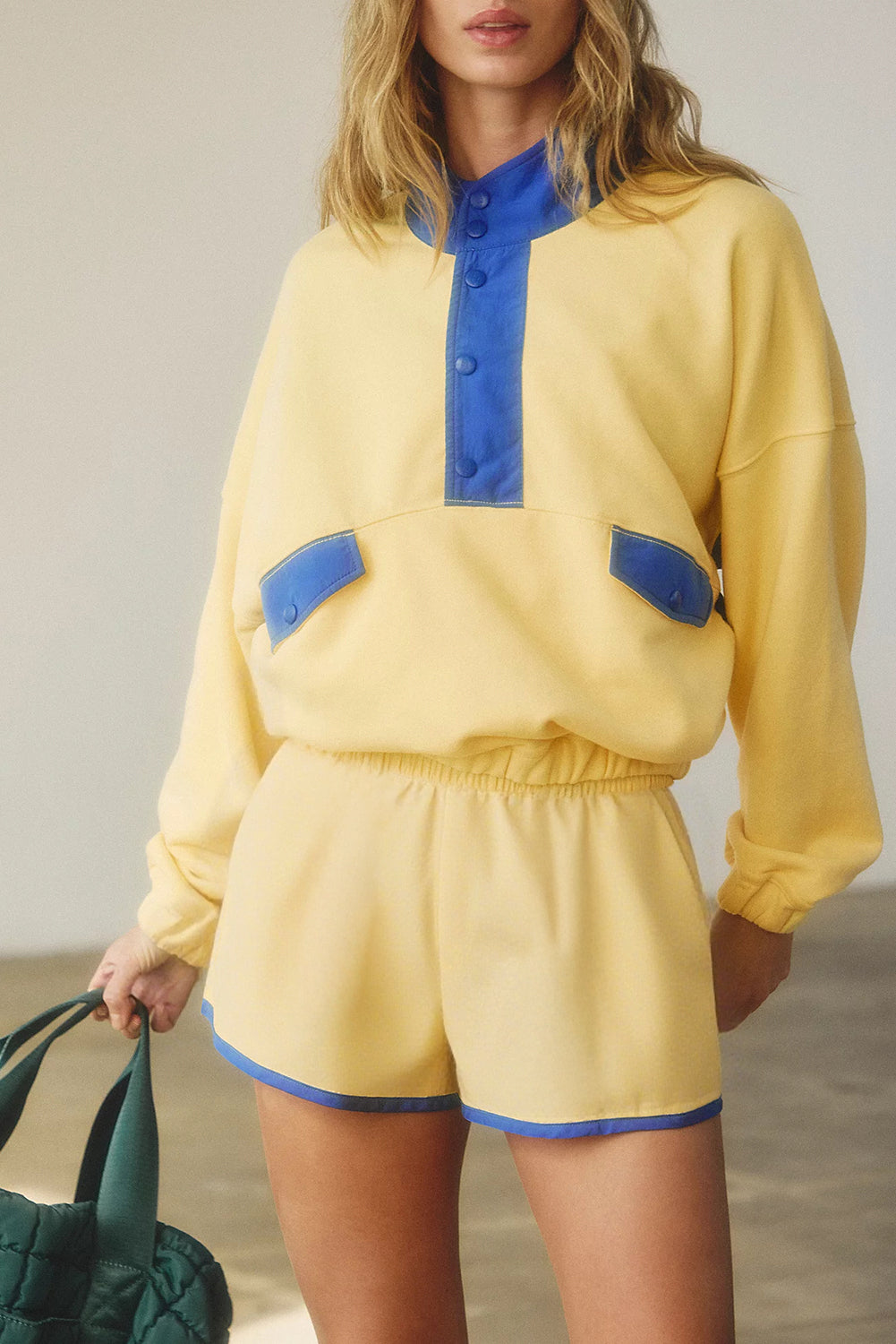 Yellow Colorblock Patchwork Half Button Pullover and Shorts Outfit Two Piece Shorts Sets f149c6229124d7c6