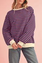 Blue Stripe Contrast Edge Cross Seam Oversized Pullover Sweatshirts & Hoodies f194acbb2a409f74