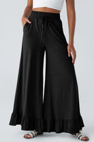 Black Solid Color Ruffle Hem Wide Leg Pants Pants f197134d5e5ab7df