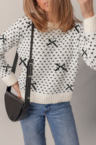 Beige Bow Decor Color Contrast Ribbed Edge Crew Neck Sweater Sweaters f1a7ec5410f43c2d
