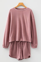 Fushia Textured Knit Drop Shoulder Pullover Drawstring Shorts Set Two Piece Shorts Sets f1e8f8ef7f418f58