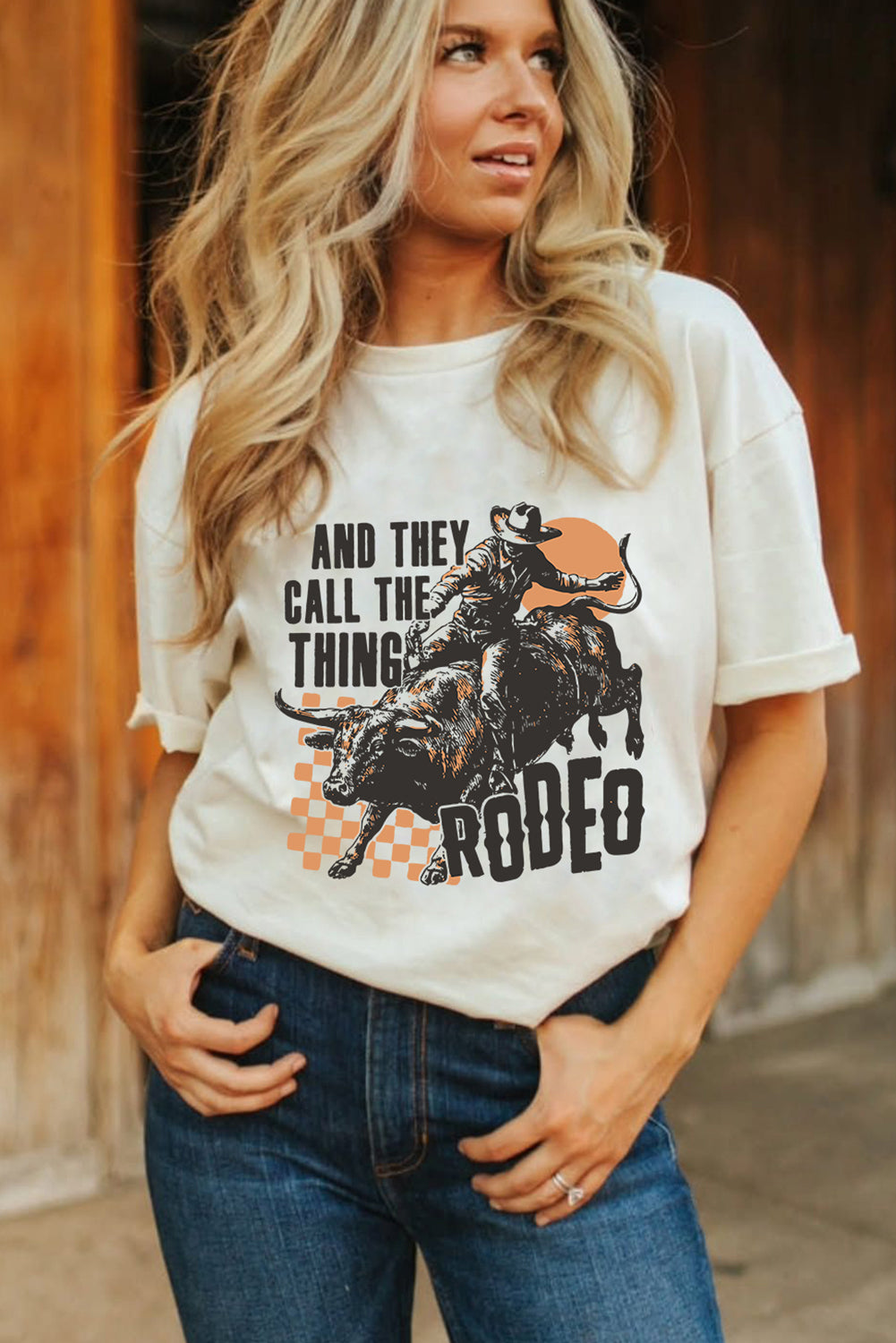 White AND THEY CALL THE THING RODEO Heat Transfer Printing Graphic Crewneck Tee Graphic Tees f1f19a01020296d8