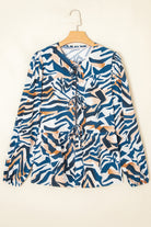 Blue Zebra Print Tied Front Puff Sleeve Top Blouses f1f97729255135c8