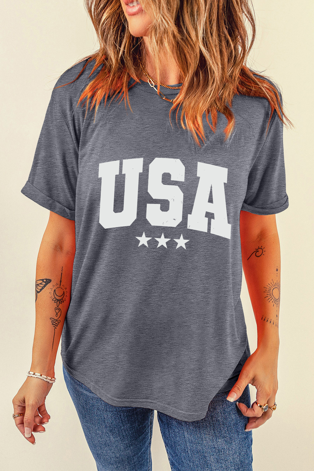 Gray USA Letter Heat Transfer Printing Crewneck Tee Graphic Tees f1fde107d04cdb73