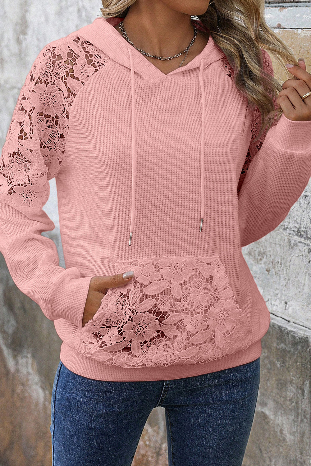 Gossamer Pink Lace Patchwork Raglan Sleeve Kangaroo Pocket Waffle Hoodie Sweatshirts & Hoodies f1feca6801d6683b