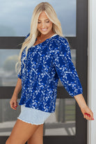 Blue Botanical Print Bracelet Sleeve Notched Neck Blouse Blouses f2118bbd19376f80