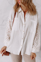 White Cotton Gauze Lace Patchwork Long Sleeve Shirt Blouses f24ca30bbc4ee560