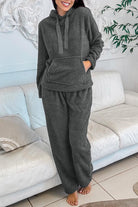 Medium Grey Fuzzy Drawstring Hoodie Lounge Pants 2pcs Set Two Piece Pants Sets f2bc8e49ff0023a0