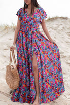 Blue Boho Floral Print V Neck Wrap Split Maxi Dress Maxi Dresses f2c632947bebf2fe