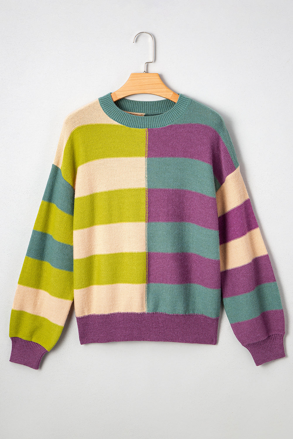 Green Stripe Colorblock Drop Shoulder Ribbed Edge Sweater Sweaters f34f55b1cb1899fb