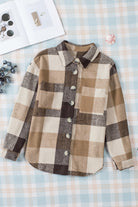 Khaki Plaid Color Block Buttoned Pocketed Shacket Jackets f362fcba0110b6ed