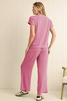 Bright Pink Solid Corded Short Sleeve T Shirt and Wide Leg Pants Set Two Piece Pants Sets f39e69518b6b51f7