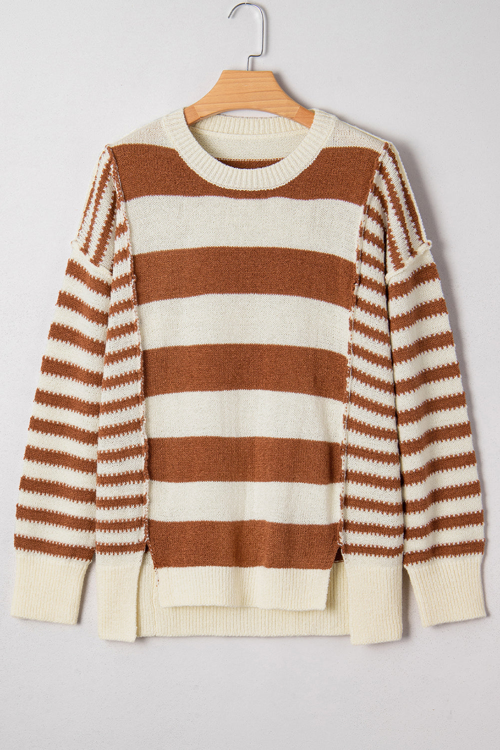Brown Stripe Drop Shoulder Sleeve Patchwork Baggy Sweater Sweaters f3bbf5b7b9f36517