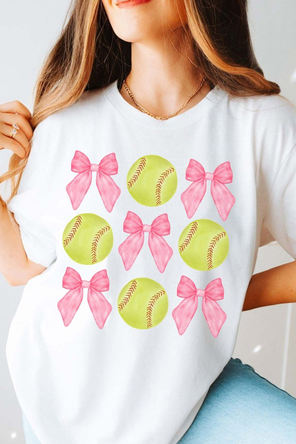 White Casual Bow Tie Baseball Graphic Round Neck Tee Graphic Tees f3d165669ecc3f18