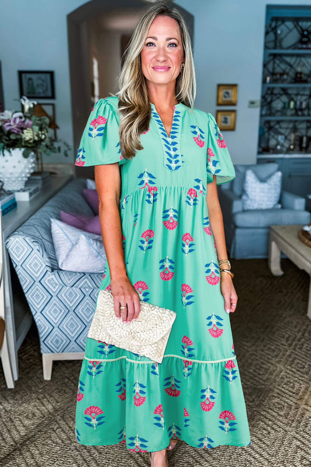 Green Floral Print Notched Neck Flounce Sleeve Midi Dress Midi Dresses f3de0905e0f0f1d7