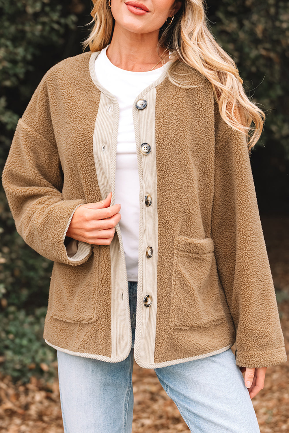 Light French Beige Puffy Plush Corduroy Edge Patchwork Jacket with Big Pockets Jackets f3de2e4c475f9bae