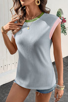 Pink Colorblock Corded Crew Neck Tee T Shirts f3e37b73c24d15b7