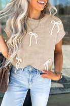 Parchment Bowknot Applique Cap Sleeve Sweater Short Sleeve Sweater f3edcf9108fb6233