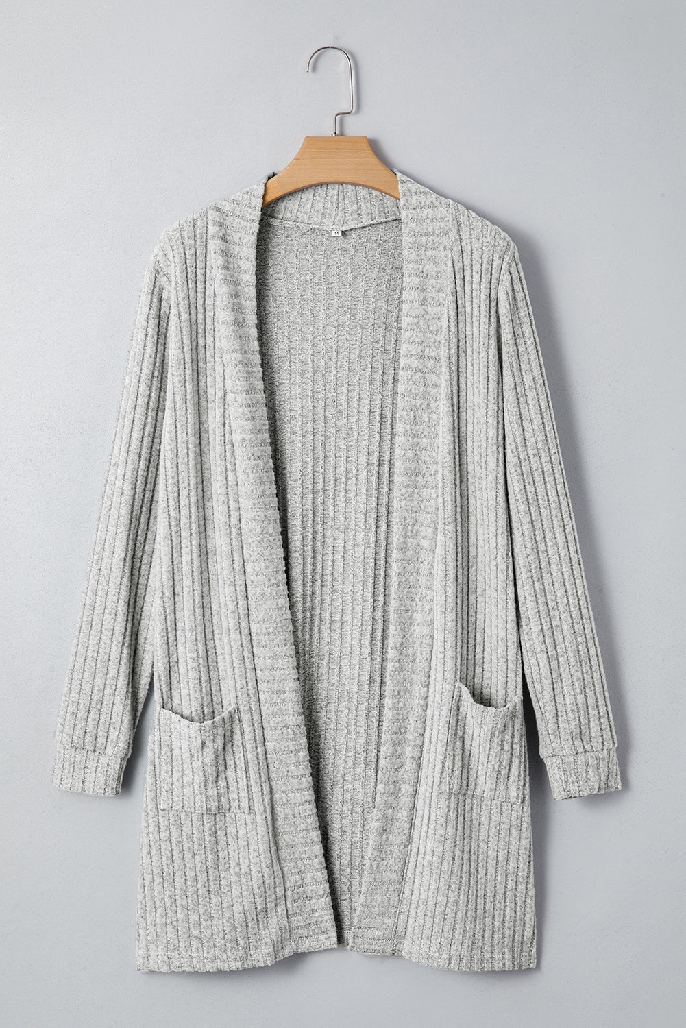 Gray Ribbed Knit Open Front Tunic Cardigan with Pockets Cardigans f3ff7815d4fd40f0