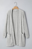 Gray Ribbed Knit Open Front Tunic Cardigan with Pockets Cardigans f3ff7815d4fd40f0