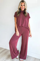 Burgundy Twisted Ribbed High Neck Loose Tee Elastic High Waist Loose Pant Set Pant Sets f4143033367b85a9