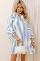 Sky Blue Striped Notched Neck Knot Cuffs Mini Dress Short Dresses f41a88a035da8fe9