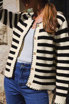 Black Striped Chic Button Round Neck Knit Cardigan Cardigans f42193f728ae849c