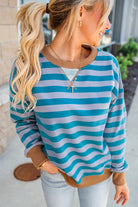 Sky Blue Stripe Contrast Color Ribbed Trim Round Neck Drop Shoulder Sweatshirt Sweatshirts & Hoodies f42db7ce793ab0c9