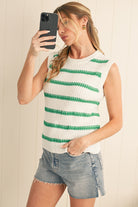 Bright Green Striped Sleeveless Knit Top Short Sleeve Sweater f432579edfdc1bd0