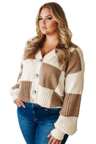 Khaki Checkered Ribbed Button Up Plus Size Cardigan Plus Size Sweaters&Cardigans f451285c27718065