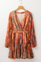 Orange Boho Paisley Print Long Sleeve Pleated Belted Mini Dress Short Dresses f462f44ba9add594