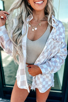 Khaki Checkerboard Flap Pocket Button Front Shacket Jackets f4679e0d6197761b