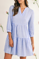 Sky Blue Striped Textured Bracelet Sleeve Tiered Mini Dress Short Dresses f4730286a17f050c