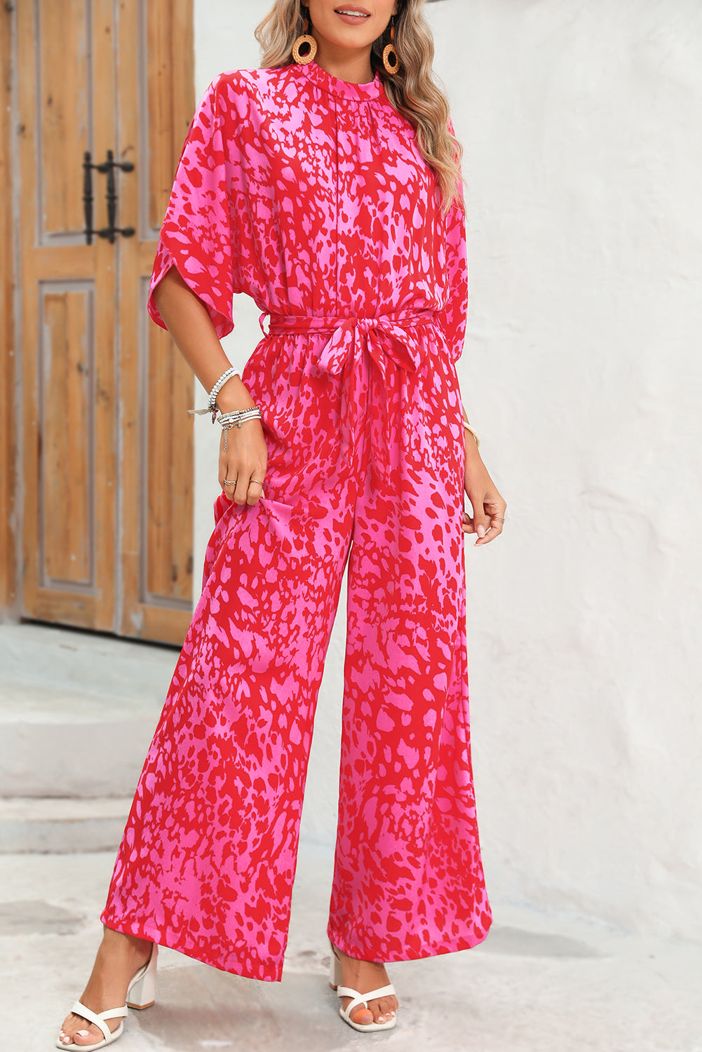 Rose Leopard Print Tulip Sleeve Belted Wide Leg Jumpsuit Jumpsuits f474270a8c9f9f0c