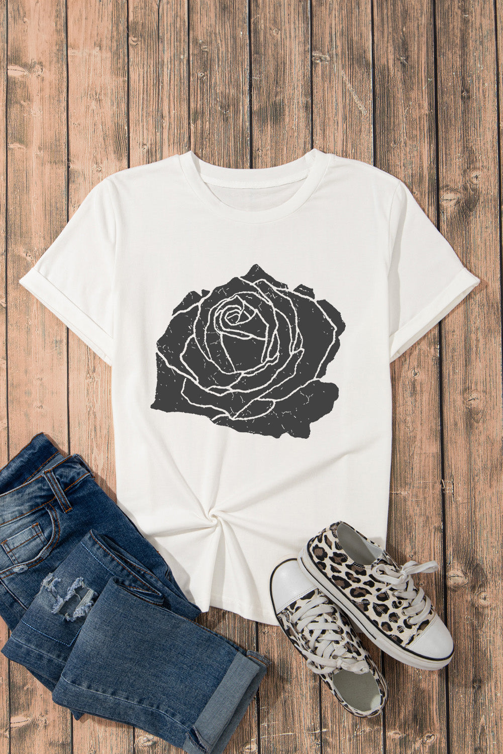 White Large Rose Graphic Crew Neck T Shirt Graphic Tees f49cf413be92856d