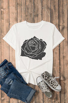 White Large Rose Graphic Crew Neck T Shirt Graphic Tees f49cf413be92856d