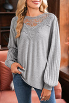 Gray Solid Lace Applique Round Neck Long Sleeve Top Long Sleeve Tops f4b1f9f835c309b3