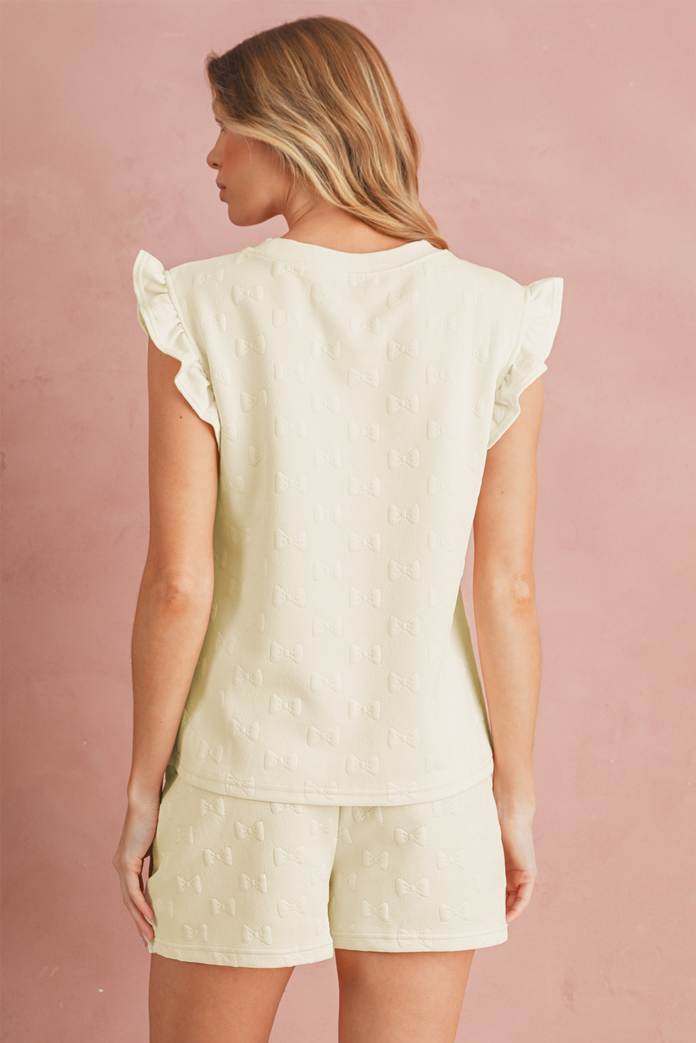 White Plain Bow Jacquard Ruffle Sleeve Shorts Set Two Piece Shorts Sets f4c99ad3fcd4aaa4