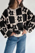 Black Flower Colorblock Checkered Henley Sweater Sweaters f4fdea418a7f047d